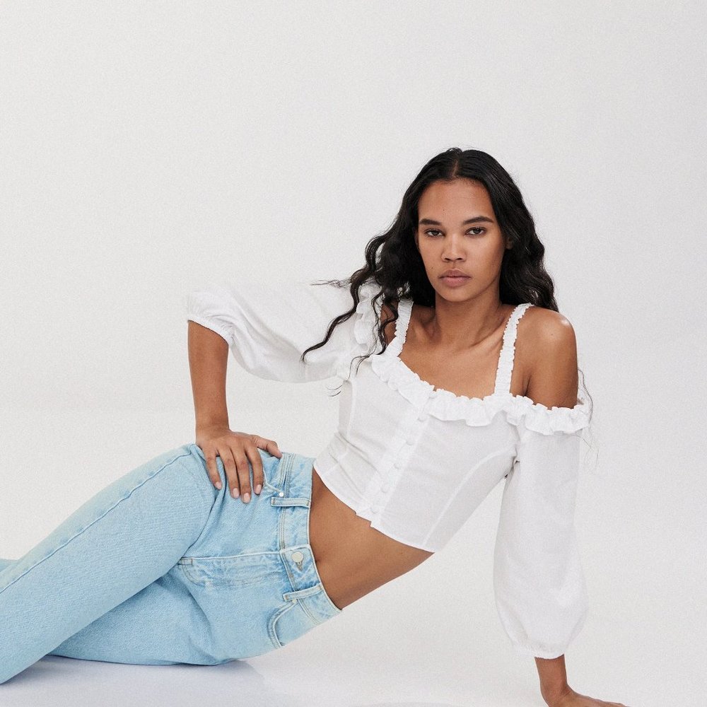 NWT ZARA RUFFLED POPLIN BLOUSE S WHITE 1971/152